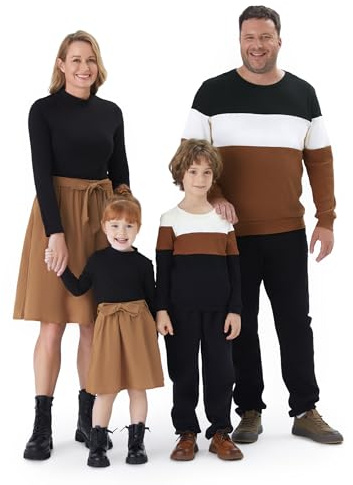 PATPAT Familien Outfit Set - Partnerlook Mutter Tochter Kleidung, Langarm T-Shirt & Mutter Kind Kleider Mama Tochter Kleidung für Herbst & Frühling/Herren, Khaki, Mädchen: 6-7 Jahre