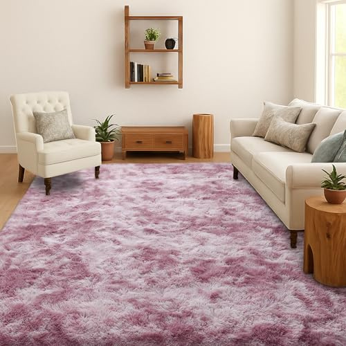 SOANNY Tapis Shaggy Long Poil Tie-Dye, Lavable & Antidérapant, Doux et Moelleux, Salon, Chambre, Enfant, 140x200 cm, Rose Foncé