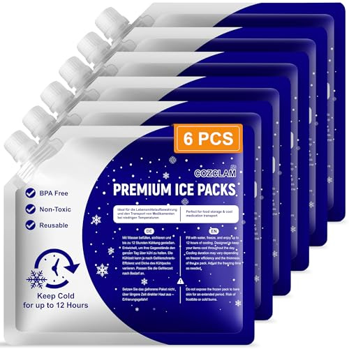 COZCLAM Set De 6 Acumuladores De Frío para Bolsa Isotérmica, Nevera Portátil & Mochila Térmica, Elementos Refrigerantes Reutilizables con Larga Duración De Enfriamiento De hasta 12H, Camping & Picnic