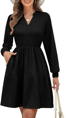 PASUDA Women's Long Sleeve Knit Dress V-Neck Elastic Waist Midi Dresses A Line Flowy Chiffon Babydoll Tunic Jumper Dresses Knee Length Spring Autumn Dresses Casual Party Holiday (Black, M)