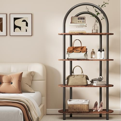 YOSHOOT 4-Tier Arched Bookshelf, Bookcase with Metal Frame and Wooden Shelves, 165.5cm Tall Floor Standing Book Shelf, Storage Shelves for Living Room, Study, Office, 80x30x165.5cm(Rustic Brown)