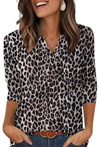 XIEERDUO Ladies Tops 3/4 Sleeve T Shirts for Women V Neck Womens Blouses Pleated Long Sleeve Tunic Leopard Print Size 10-12