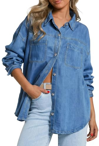 EMMIOL Denim Button Down Shirt For Women - Long Sleeve Cotton Lightweight Shirts With Pockets Casual Work Jean Blouses Tops, Dark Blue, S