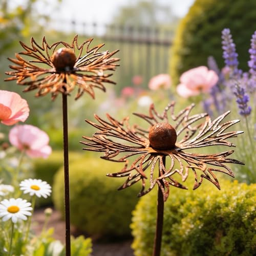 2er Gartendeko Rost Gartenstecker Metall Blume Rostige GartendekoSet Rost Deko für Garten Deko für Draußen Rostdeko Cortenstahl Blumenstecker Beetstecker Topfstecker für Terrassen Blumentopf Balkon