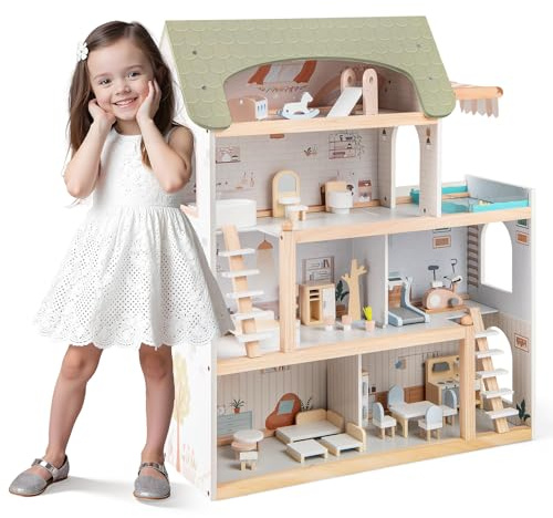 Maxmass Kids Wooden Dollhouse, Pretend Dolls House with Furniture Accessories and Simulated Rooms, Children DIY Role Play DIY House Playset Gift for 3+ Years Old（3-Storey, 33 PCS, 6 Rooms）