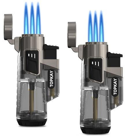 TOPKAY Cigar Lighters Triple Jet Flame Torch Lighters, Windproof Butane Refillable Torch Lighters with a Gift Box, 2 Packs (Butane Not Included)