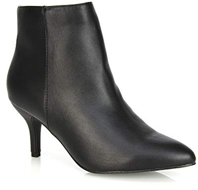 ESSEX GLAM Womens Ankle Boots Low Mid Kitten Heels Ladies Zip Pointy Booties Shoes Size (Black Synthetic Leather, 6)