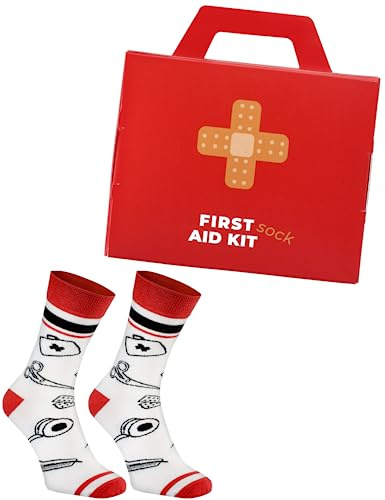 Regnbågsstrumpor – kvinnor män rolig första hjälpen-låda strumpor – First Aid Socks Box – nyhet present till sjuksköterskor och läkare – 1 par, firstaidkit, 41/46 EU