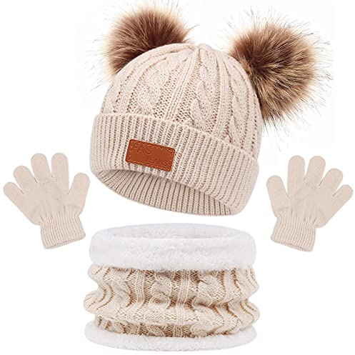3 Pezzi Bambini Berretto Sciarpa Inverno Sciarpa e Guanti Set,Cappello con Pompom a Maglia Termico Cappelli e Scaldacollo con Fodera in Pile a Doppio Strato per Ragazzi Ragazze 2-6 Anni (Beige)