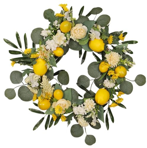 Citronkrans 45 cm konstgjord vår sommarkrans med gula vita pionblommor och gröna löv vårkransar för ytterdörren vägg fönster festdekor, sommarkrans