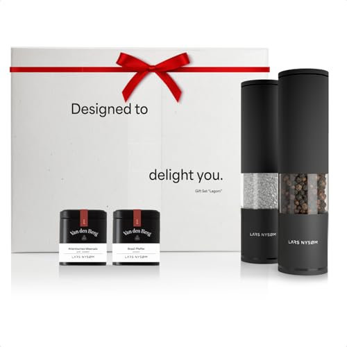 LARS NYSØM Gewürzmühlen & Gewürze Geschenkset - Salz und Pfeffermühlen Set mit 2 hochwertigen Gewürzdosen (Salz, Pfeffer) - Durch schöne Geschenkbox eine tolle Geschenk Idee (Carbon Black)