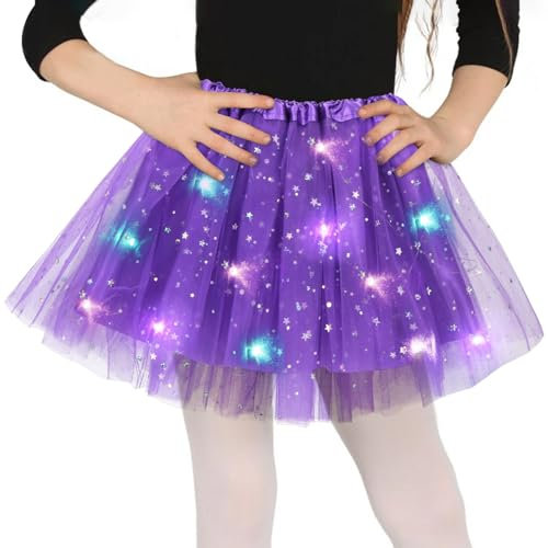 Tüllrock Mädchen Tiefes Lila, Sterne Pailletten Tanzkleid, 30cm Dehnbaren Minirock Mit LED Lichter, kleine Mädchen Tütü Rock Ballettrock für Fasching Halloween Karneval 3-8 Jahre Kinder Ballett Dress