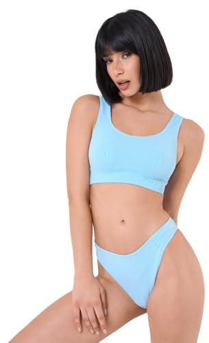 Invertika Ensemble sportif pour femme Pole Dance Top+Slip sans couture à côtes, fabriqué en Italie, bleu ciel, M/L
