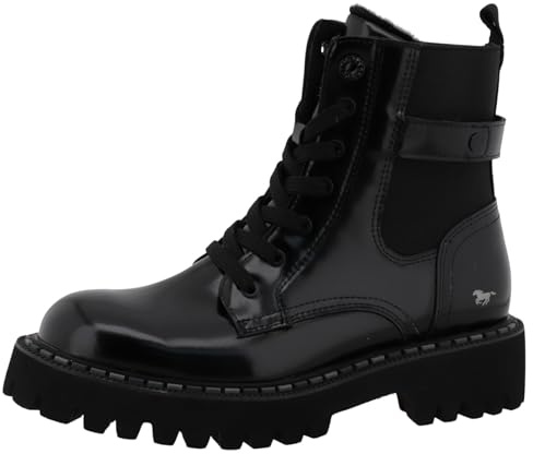 MUSTANG - Bottines noires vernis à talon décroché bas avec des lacets plats et un zip - Taille numeric_37