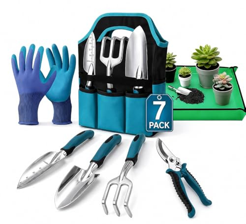 ChaneeHann Kit Jardinería 7 Piezas, Herramientas Jardín de Aleación de Aluminio con Mangos Ergonómicos Antideslizantes, Antióxido y Bolsa de Almacenamiento