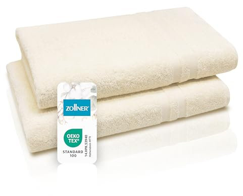 ZOLLNER 2er Set Saunatücher in 70x180 cm - Flauschige Handtücher aus Baumwolle - mit moderner Streifenbordüre - bis 60°C waschbar - mit praktischem Aufhänger - in beige - Hotelqualität
