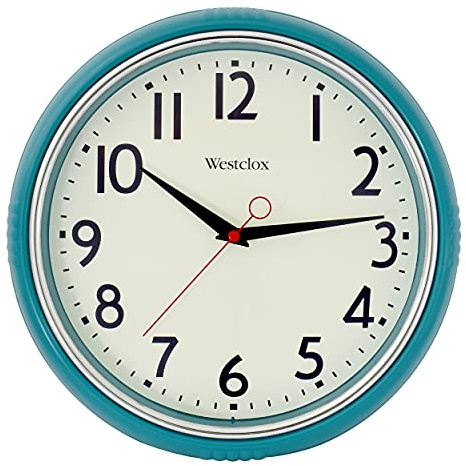 Westclox Retro Wall Clock for Kitchen, Bedroom, or Living Room – Vintage Quartz Analog Wall Clock with Chrome Bezel & Dome Glass Lens, Easy-to-Read Numbers (Teal, 12)