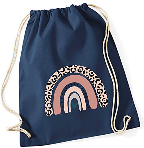 Sac de gym pour enfant en coton avec arc-en-ciel en rose | Motif imprimé LEO pour fille | Sac à dos en tissu à cordon de serrage, bleu foncé, 37 x 46 cm