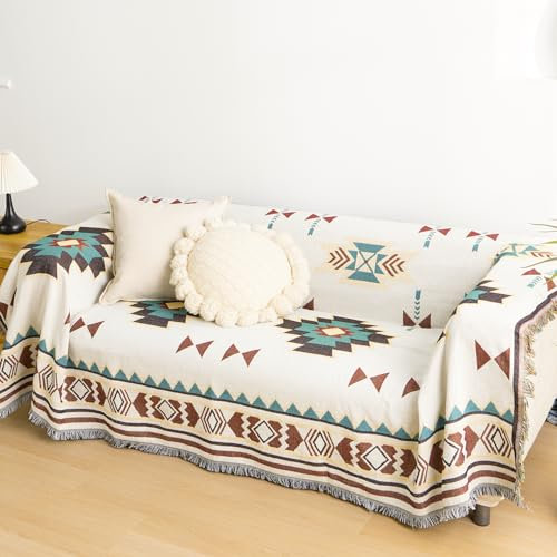 VANJOROY Aztec Navajo Sofa Large Throw Blanket for Single 2 Seater Settees,100% Handwoven Cotton Tribal Ethnic Bohemian Armchair Throw for Couch Sofa and Bed-130×180cm