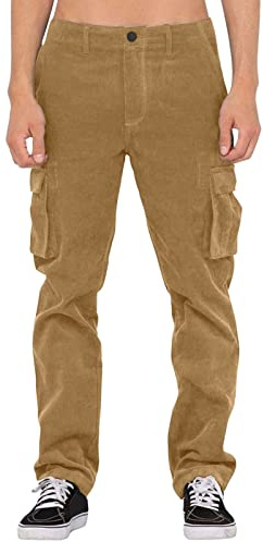 PAIDAXING Chambre à coucher avec homme décontracté en velours côtelé quatre saisons pantalon cargo multi-poches charpentier pour homme, kaki, L