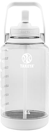 Takeya 64 oz Motivational Water Bottle with Straw Lid with Time Marker, Half Gallon, Premium Quality BPA Free Tritan Plastic, Cloud White