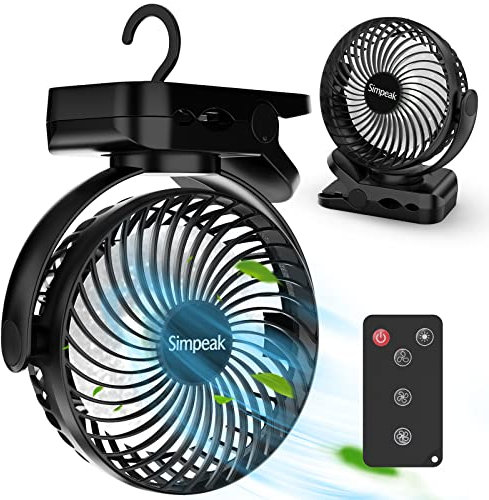 Simpeak 10000mAh Camping Ventilator Tischventilator, Mini USB Ventilator leise, Clip Fan mit Fernbedienung und LED Licht [3 Geschwindigkeit] [720° Drehung] - Schwarz