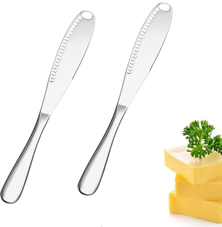 2 Pcs Butter Knives, 3 in 1 Stainless Steel Spreader, Butter Knife have Serrated Edges and Scraping Holes, Easy Spread for Cutting Butter Cheese Chocolate Jams and Creams