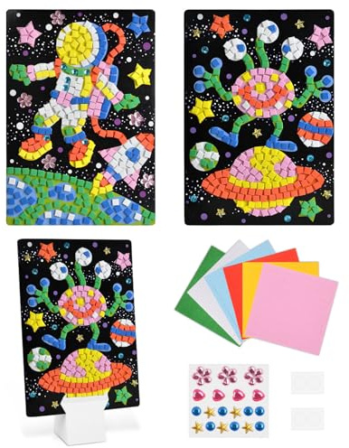 AUAUY Mosaik-Set für Kinder, Astronaut+Außerirdischer Sticky Mosaics Travel Pack, DIY Diamanten Mosaike, Glitter Moosgummi Mosaik-Bild, Kinder Bastelset Geschenke für Mädchen Jungen Basteln ab 4 Jahre