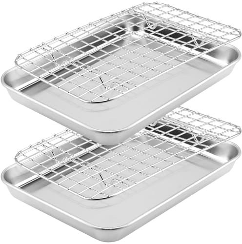 UNGFEI 2 teglie da forno con griglia metallica, in acciaio inox, con griglia di raffreddamento, per cuocere biscotti, pane, carne, 22,9 x 17,8 x 2,5 cm