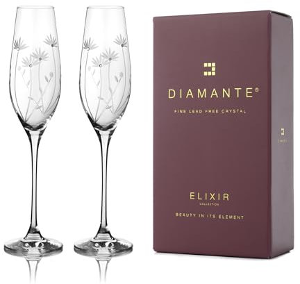 DIAMANTE Crystal Champagne Flute Floral Glasses - Bloom - Hand Cut Floral Pattern with Crystals - Set of 2 in Gift Box