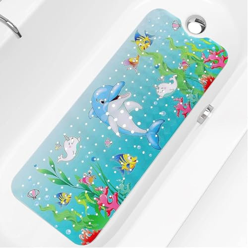 Badewannenmatte,Antirutschmatte Badewanne,Duschmatte rutschfest,mit Saugnäpfen, Aufhängern und Ablauflöchern, Maschinenwaschbar,Quadratisch(Delfin-100x40cm)