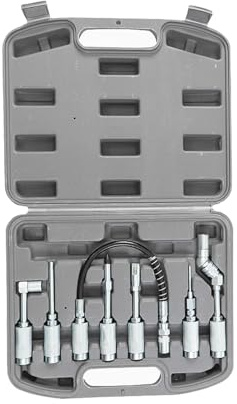 Fettpistolen-Anbausatz, 7-tlg Fettpresse Set Adapter und Zubehör-Satz für Fettpressen Panzerschlauch Werkzeug Set Verlängerung Aufsätze Spitzen Winkelaufsatz Fettpressen Zubehör mit Werkzeugkasten