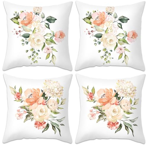 Betadistor Cushion Covers 18 x 18 Garden Floral Decorative Throw Pillow Covers Polyester Linen Pillowcase for Sofa Garden Outdoor Home Decor Set of 4, Flowers, 507-0140