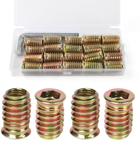 FOMGIIN Tuercas Hexagonales Insertos para Madera M10 x 25mm, 20 Piezas Tuerca Hexagonal, Tuerca Roscadas de Inserción Cabeza Plana, Roscado Inserción Tuercas Hexagonales Remaches, para Muebles