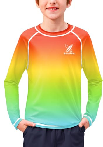BesserBay Kinder UV Shirt Langarm Schnelltrocknend UPF 50+ Sonnenschutz Rashguard Orange Gelb Grün Blau 140