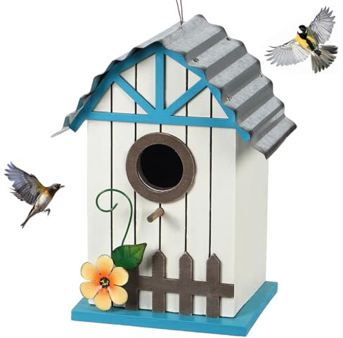 Optyuwah Vogelhaus Holz Nistkasten, Vogelvilla für Wildvögel Meisen, zum Aufhängen Indoor als Dekoration Outdoor als Nistplatz Vogelfutterhaus mit Zäune und Blumen 28x18.5x13cm