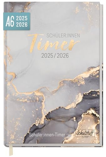 Schulstuff Schüler-Timer A6 2025/2026 Mini Schülerkalender Laufzeit Aug 2025 - Juli 2026, Schülerplaner (11 x 15 cm), Hausaufgabenheft Grey Marble - nachhaltig & klimafreundlich