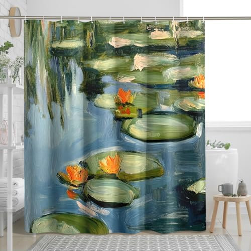 Monet Spring Lilies Pads Shower Curtain, Oil Painting Nature Shower Curtains for Bathroom, Art Floral Print Bath Decor Accessories Set -62 * 72