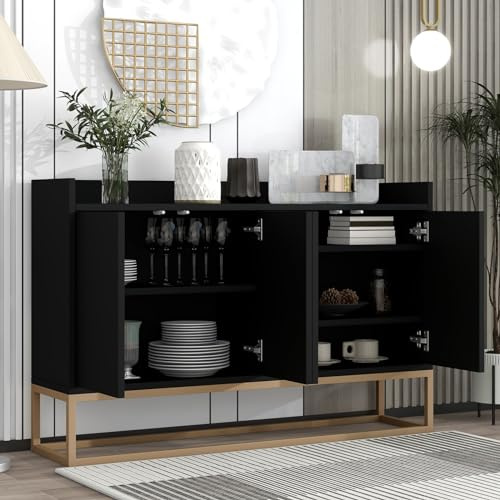 DAHUEN Aparador comedor con 4 armarios para puertas, armario de cocina con compartimiento, armario de almacenamiento para sala de estar, comedor, aparador moderno, 133x44x10 cm (Negro)