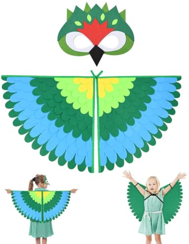 URAQT Felt Bird Capes Wings, Kid Bird Wing Costume Set with Felt Eye Mask, Adjustable Fairy Bird Fancy Dress Up Peacock Flamingo Cape Costume for Theme Party Carnival Halloween Cosplay(Green Parrot)