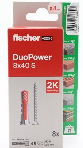 fischer - Duopower 8 x 40 avec vis - 8U, chevilles murales multi-matériaux, pour accrocher des vélos, des cadres, des armoires, des supports de télévision, des étagères, des meubles.