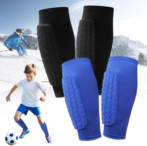2 Paare Schienbeinschoner Kinder Fussball, 2025 Neu Schienbeinschoner Socken mit Waben Pads, Ski Schienbeinscho-ner, Sport Schienbeinschutz für Kinder, Wadenschutz für Fußball, Basketball, Skifahren