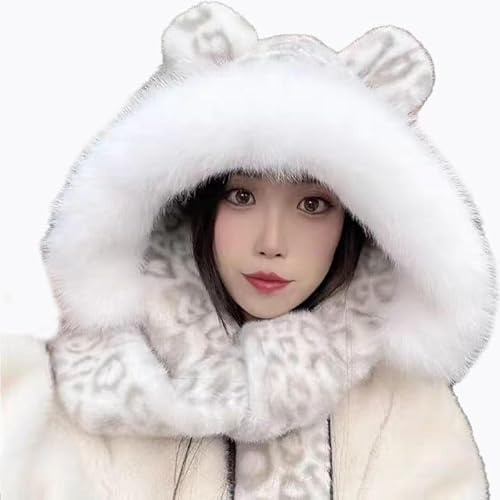 TMTGTS Bonnet d'hiver, cagoule, avec écharpe, oreilles de léopard, en fourrure synthétique, bonnet en fourrure synthétique, bonnet de trapèze, chapeau d'hiver, chapeau de neige, bonnet pour femme