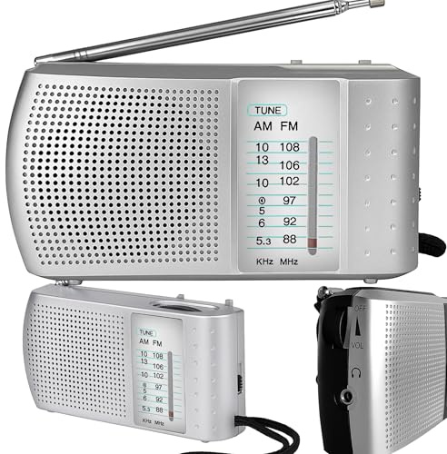 Retoo Bärbar radio FM AM SW köksradio – kompakt radio för köket med teleskopantenn, 2,5 tums högtalare, hörlursuttag, miniradio batteridrift, perfekt för hem, silver