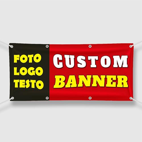 Pubblimania Striscione Personalizzato in PVC – Banner Pubblicitario con Foto, Logo e Testo – Telone Impermeabile con Occhielli per Esterno Stampa Alta Definizione. (Personalizza Foto e Testo)