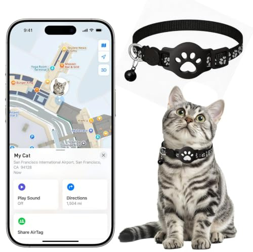 Cat Tracker Collar for Small Cats, Real-Time Instead of GPS Tracker with No Monthly Fee, No SIM Card & No Subscription, Compatible with Apple Find My Device (iOS Only), Includes Collar and White Track