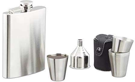 Relaxdays Flachmann Set Edelstahl 7 teilig, 200 ml Flachmann mit Trichter und 4 Becher für Camping und Festival, silber