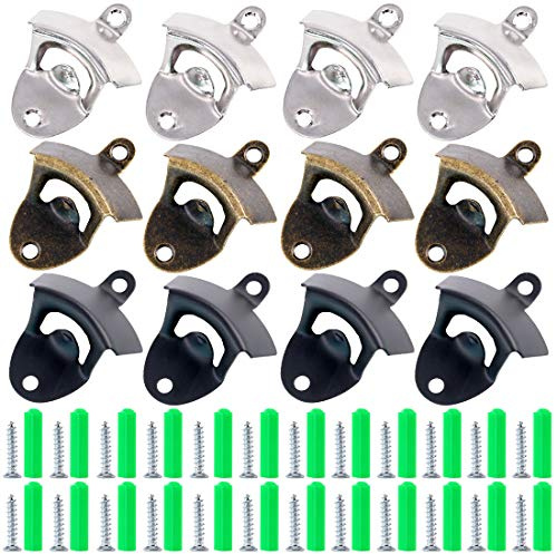 Swpeet 12Pcs 3 Colors Wall Mount Bottle Opener Kit with Screws, Vintage Rustic Bar Bottle Opener Wall Mount Rustic Beer Cap Opener with Mounting Screws for Kitchen Cafe Bars - Sliver, Bronze, Black