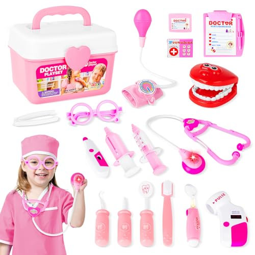 deAO 2-in 1 Arzt-und Zahnarztspielset für Kinder: Tragetasche, Kinderarzt & Krankenschwester, inklusive 17 Accessoires mit Lichtern und Sounds