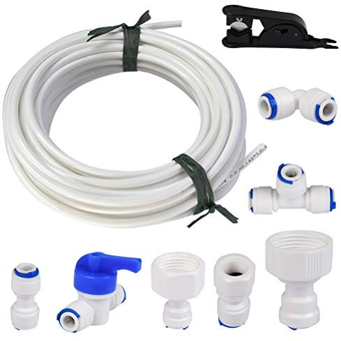 TIMESETL 15 Mètres Tuyau d'Alimentation en Eau Universel, Kit de Connecteur de Tuyau de Réfrigérateur 1/4 , Tube de Filtre, Pièces et Accessoires pour Réfrigérateurs Européen/Frigo Americain